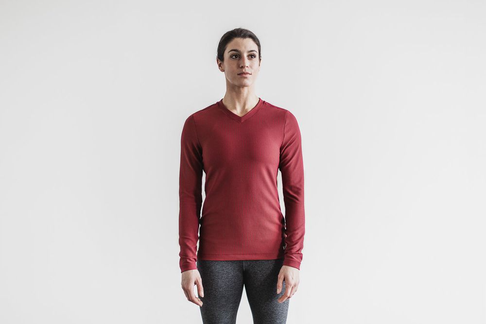 NOBULL Majice Dugih Rukava Ženske - Nobull V-Neck Waffle Bordo (527091-IYN)